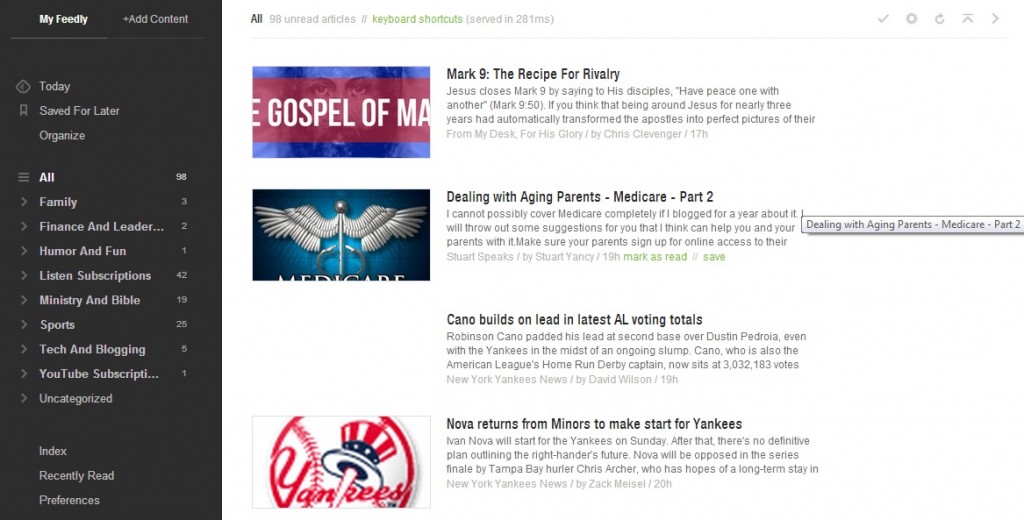 My Feedly page on "magazine" setting.